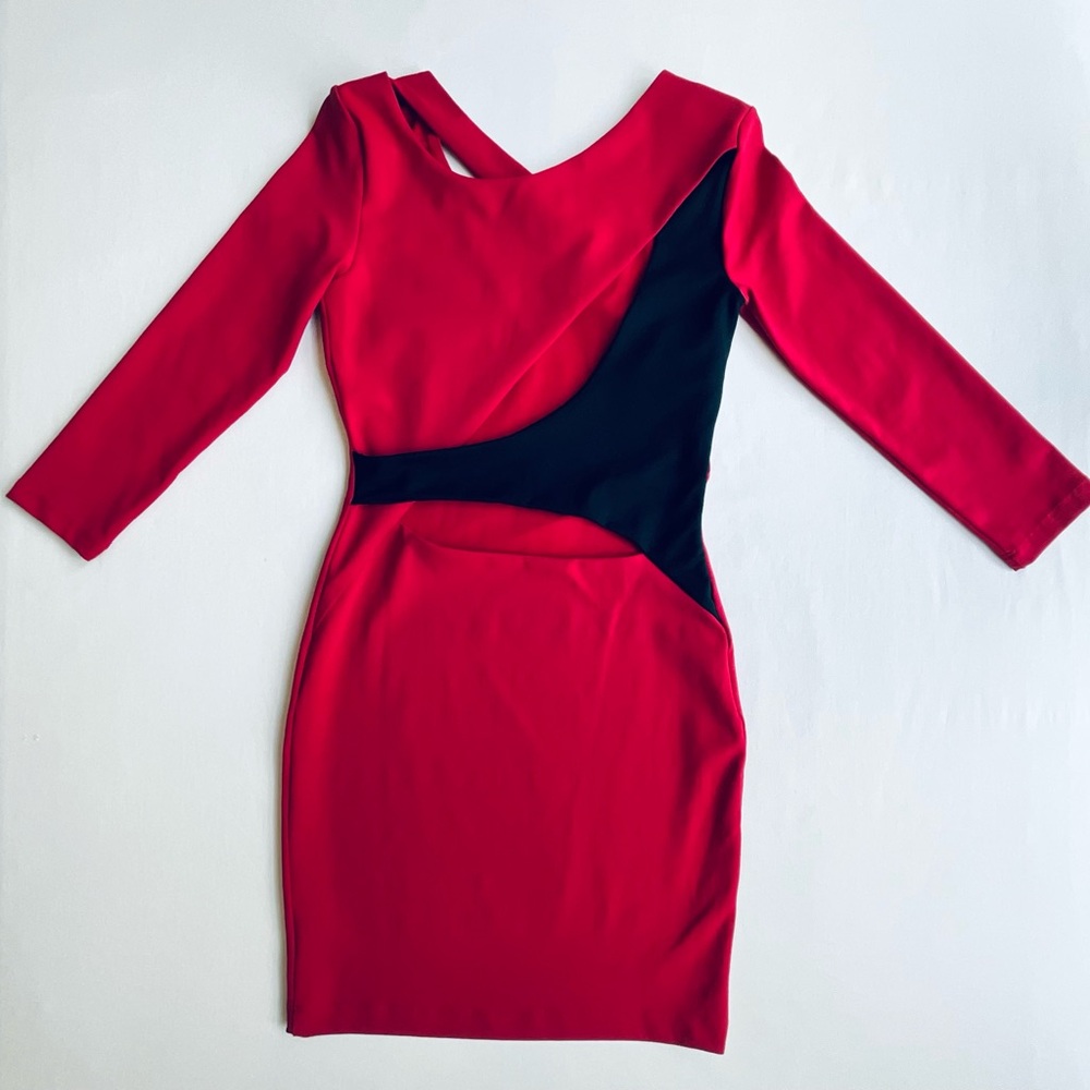 bebe Red Long Sleeve Bodycon Mini Cocktail Dress Size S - Picture 2 of 3